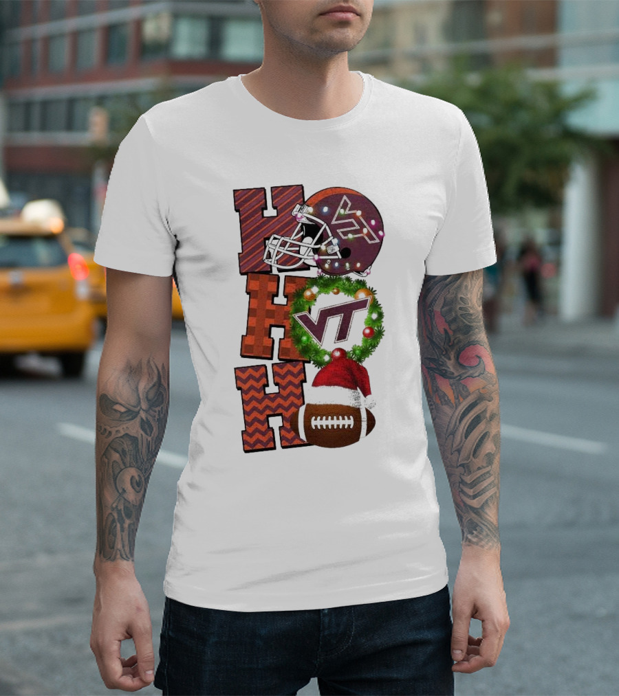 Virginia Tech Hokies Football Christmas Ho Ho Ho VT Helmet Wreath Game Day T-Shirt