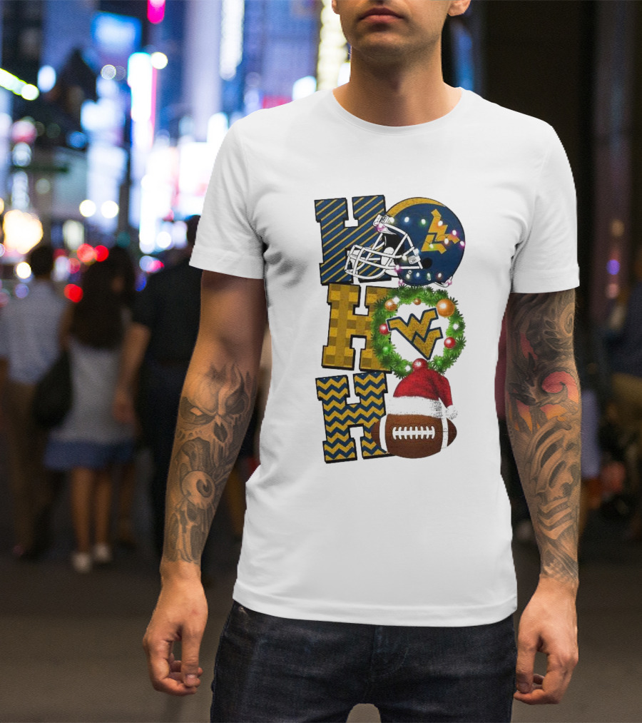 West Virginia Mountaineers Football Christmas Ho Ho Ho Helmet Wreath Santa Hat Game Day T-Shirt