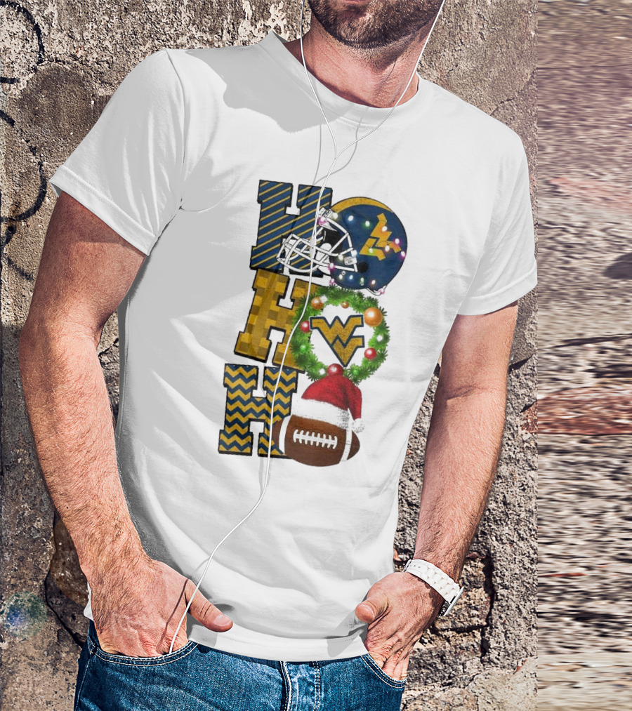 West Virginia Mountaineers Football Christmas Ho Ho Ho Helmet Wreath Santa Hat Game Day T-Shirt