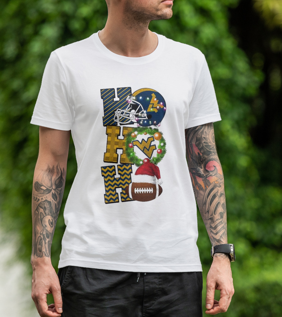 West Virginia Mountaineers Football Christmas Ho Ho Ho Helmet Wreath Santa Hat Game Day T-Shirt