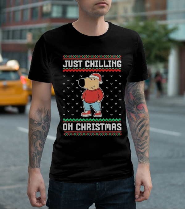 Chill Guy Meme Just Chilling On Christmas Sweater Style Santa Hat Red Green T-Shirt