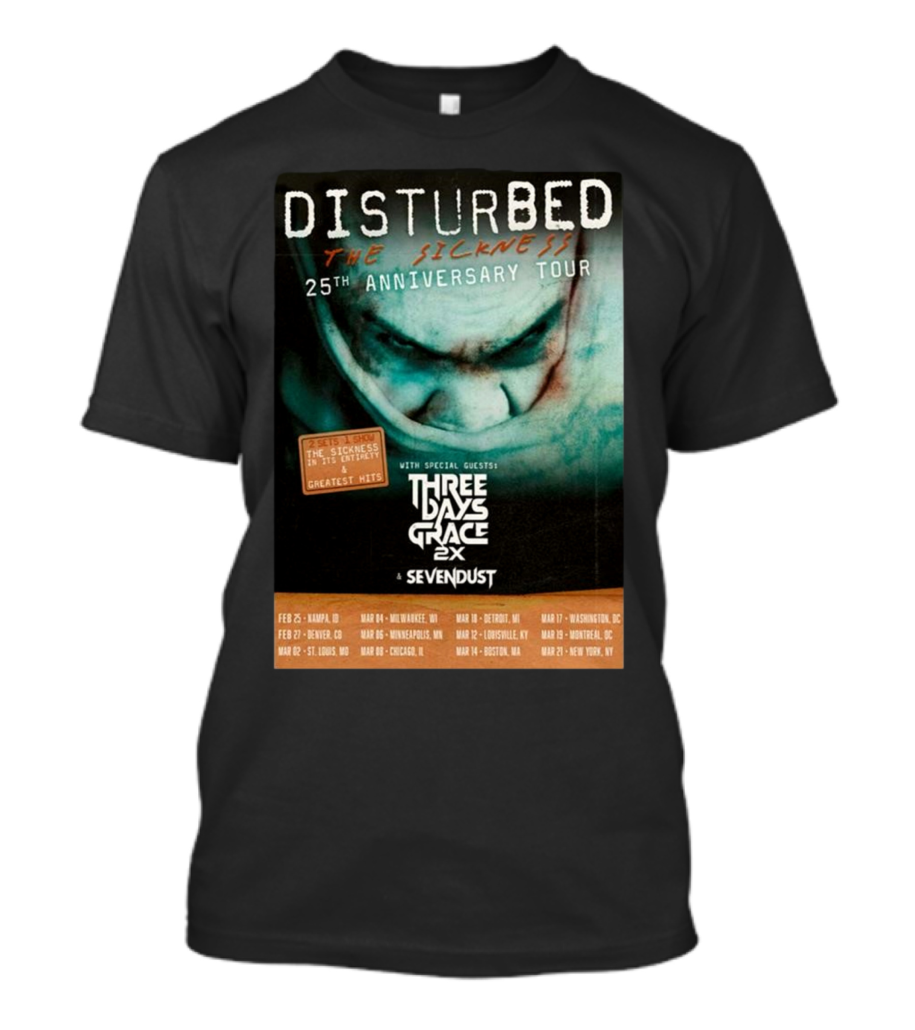 Disturbed The Sickness 25th Anniversary Tour Dates 2025 With Three Days Grace 2X Sevendust T-Shirt