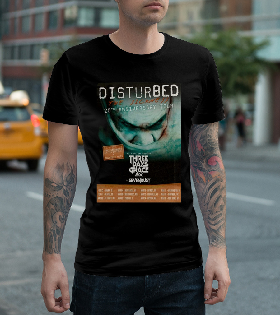 Disturbed The Sickness 25th Anniversary Tour Dates 2025 With Three Days Grace 2X Sevendust T-Shirt
