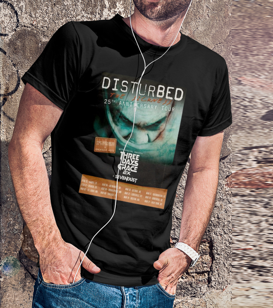 Disturbed The Sickness 25th Anniversary Tour Dates 2025 With Three Days Grace 2X Sevendust T-Shirt