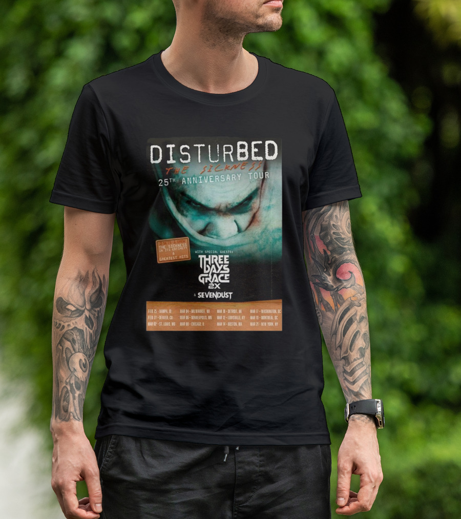 Disturbed The Sickness 25th Anniversary Tour Dates 2025 With Three Days Grace 2X Sevendust T-Shirt