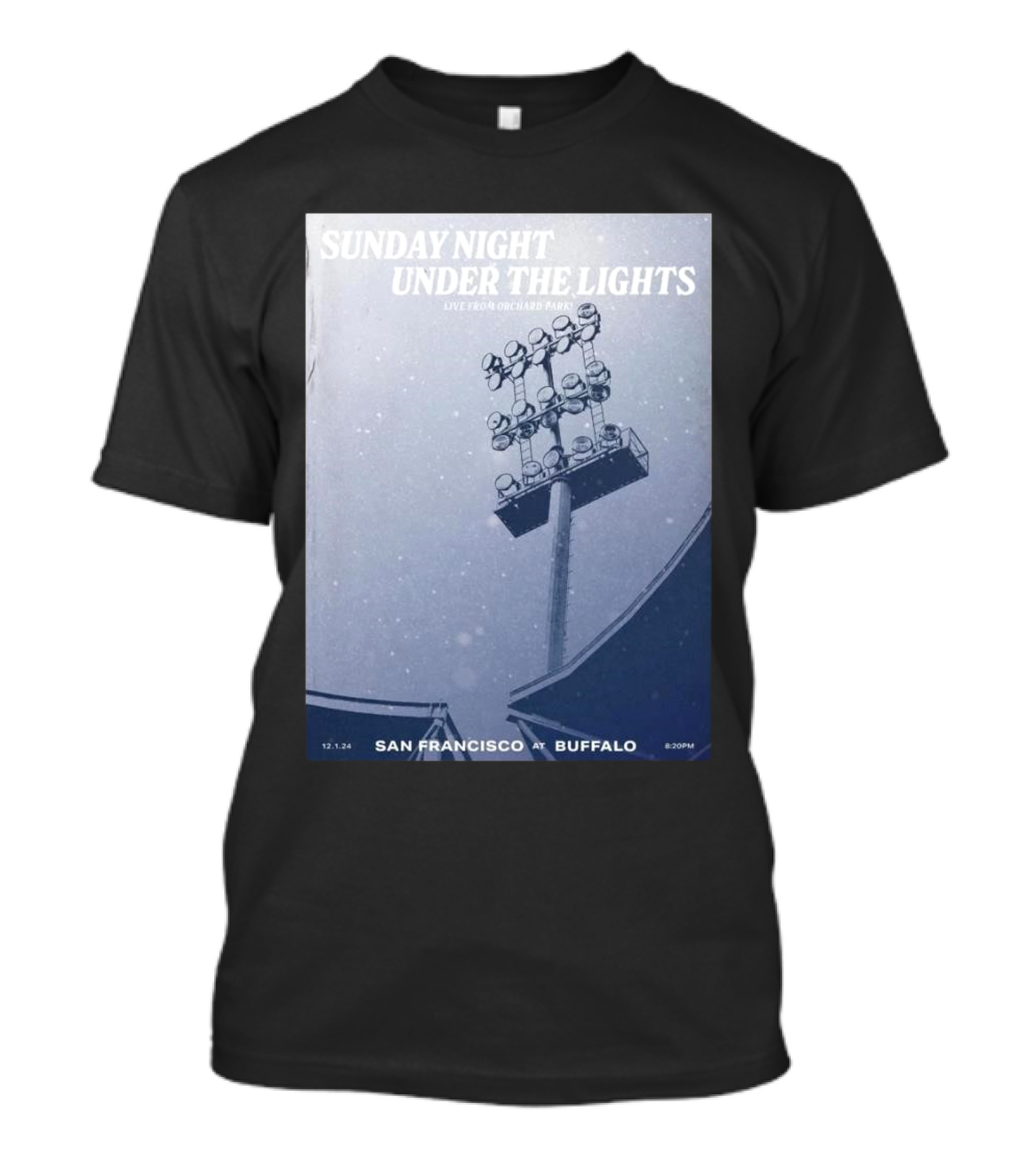 Sunday Night Under The Lights San Francisco At Buffalo 12.1.24 Leftern Greatest Snow On Turf By Dave Fortman T-Shirt