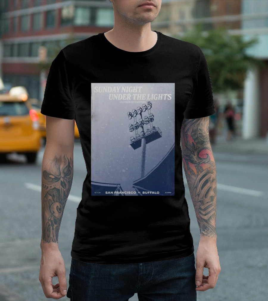 Sunday Night Under The Lights San Francisco At Buffalo 12.1.24 Leftern Greatest Snow On Turf By Dave Fortman T-Shirt