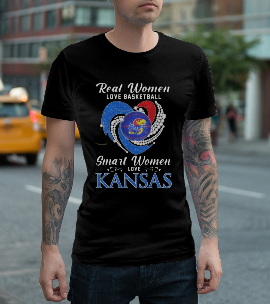 Real Women Love Basketball Smart Women Love Kansas Jayhawks KU 2024 Diamond Heart T-Shirt