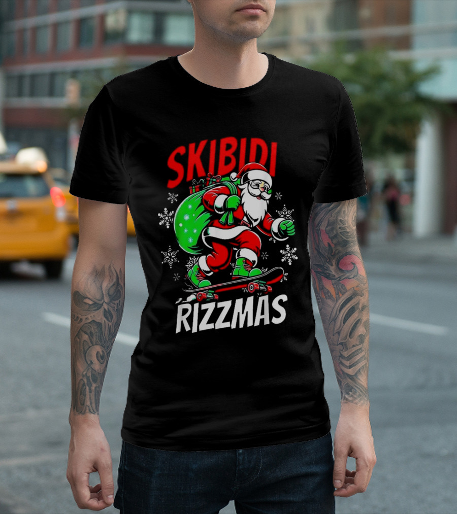 Skibidi Rizzmas 2024 Santa Skateboarding with Snowflakes T-Shirt