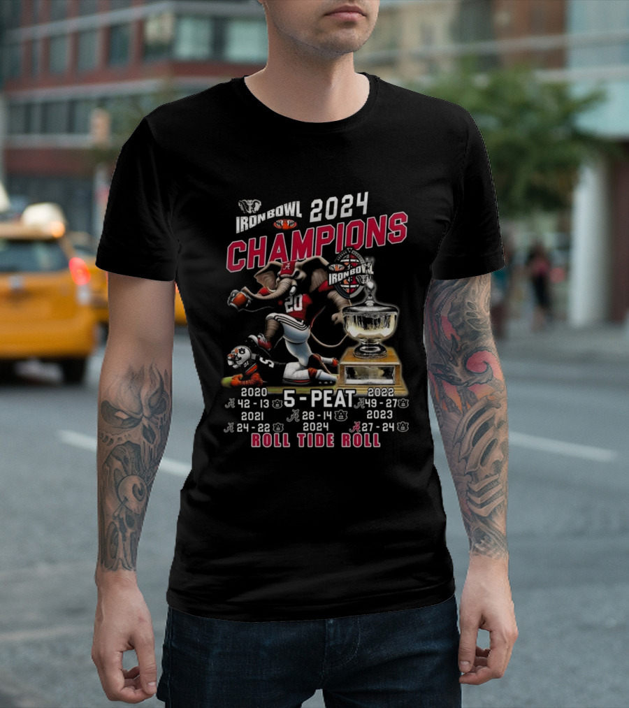 Iron Bowl 2024 Champions 5-Peat Alabama Crimson Tide Roll Tide Roll 2020-2024 Victories Elephant Football Trophy T-Shirt