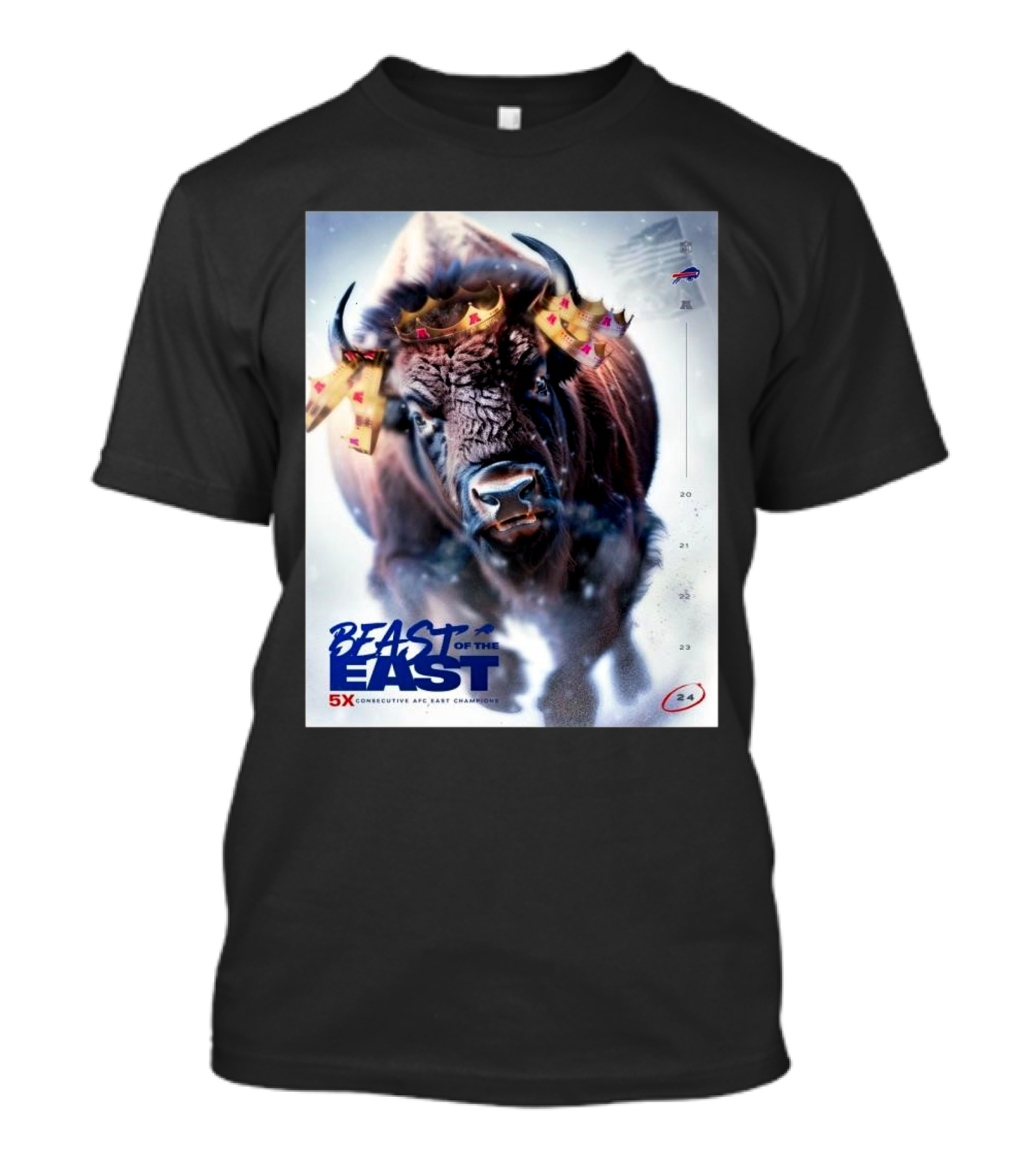 Buffalo Bills Beast Of The East 5x Consecutive AFC East Champions Back-To-Back Victory Buffalo Imagery With Flags And Crown Elements T-Shirt