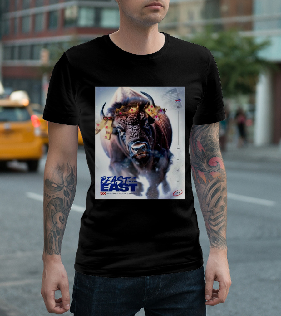 Buffalo Bills Beast Of The East 5x Consecutive AFC East Champions Back-To-Back Victory Buffalo Imagery With Flags And Crown Elements T-Shirt
