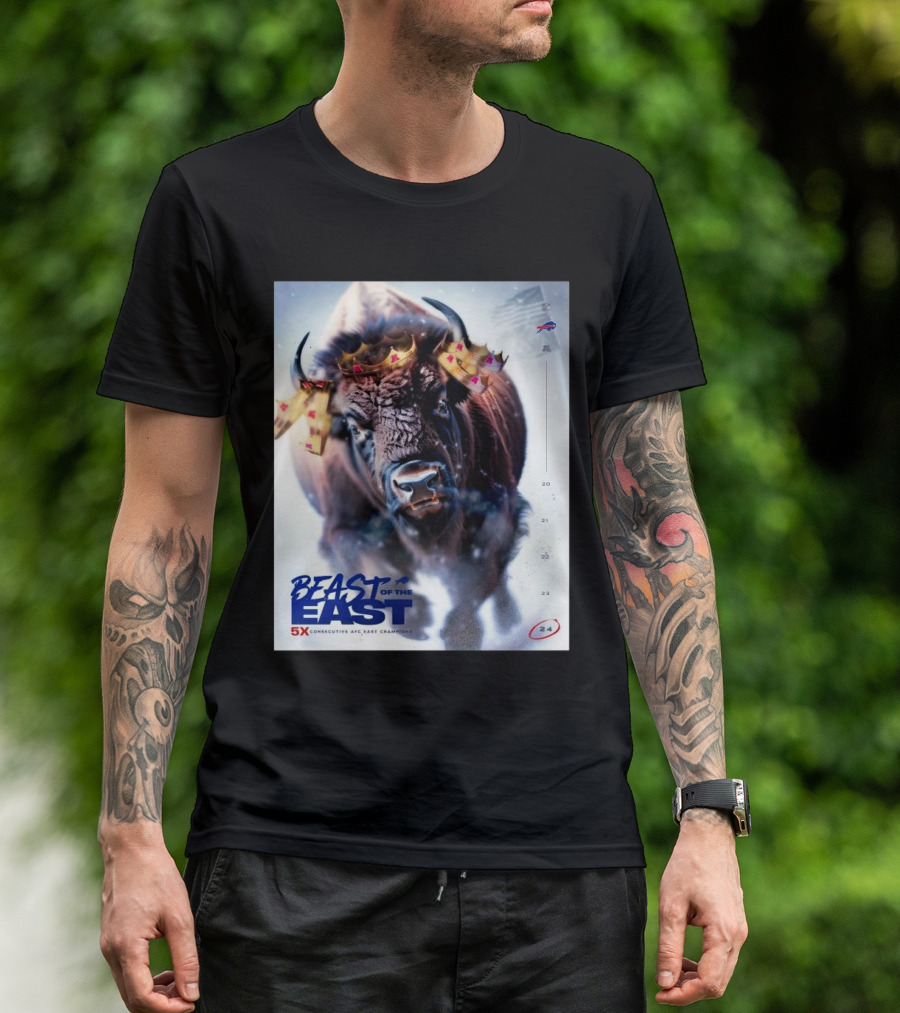 Buffalo Bills Beast Of The East 5x Consecutive AFC East Champions Back-To-Back Victory Buffalo Imagery With Flags And Crown Elements T-Shirt