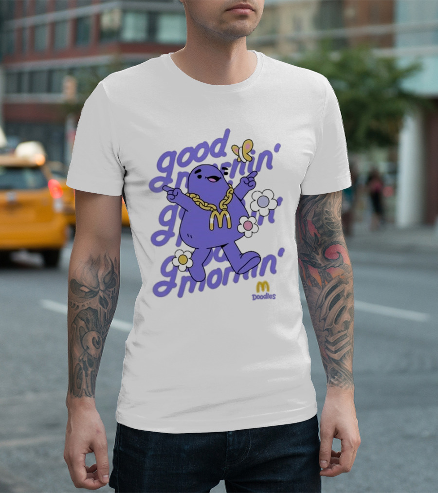Good Mornin’ Grimace Doodles McDonald’s Butterfly Flowers T-Shirt