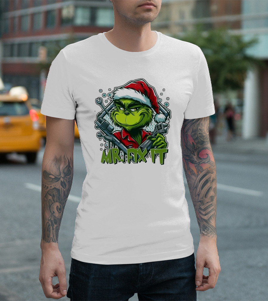Mr. Fix It Grinch Merry Christmas Santa Hat Wrench Holiday T-Shirt