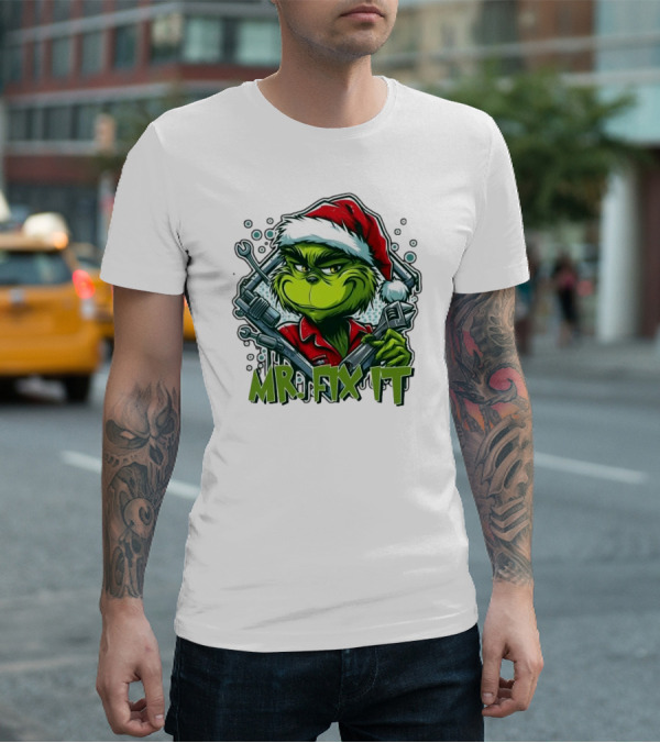 Mr. Fix It Grinch Merry Christmas Santa Hat Wrench Holiday T-Shirt