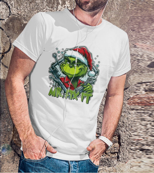 Mr. Fix It Grinch Merry Christmas Santa Hat Wrench Holiday T-Shirt