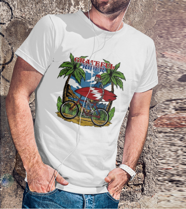 Grateful Rider Skeleton Beach Cruiser With Surfboard And Palm Trees T-Shirt