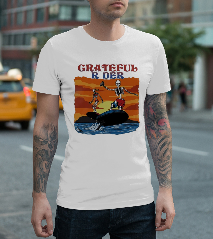 Grateful Rider Skeletons Surfing Sunset E-foil Adventure T-Shirt