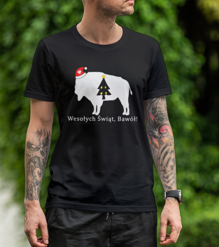 Merry Christmas Buffalo Wesolych Swiat Bawol Santa Hat Christmas Tree T-Shirt