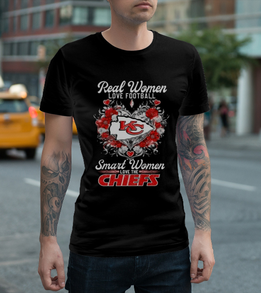 Real Women Love Football Smart Women Love The Chiefs KC Flower Heart T-Shirt