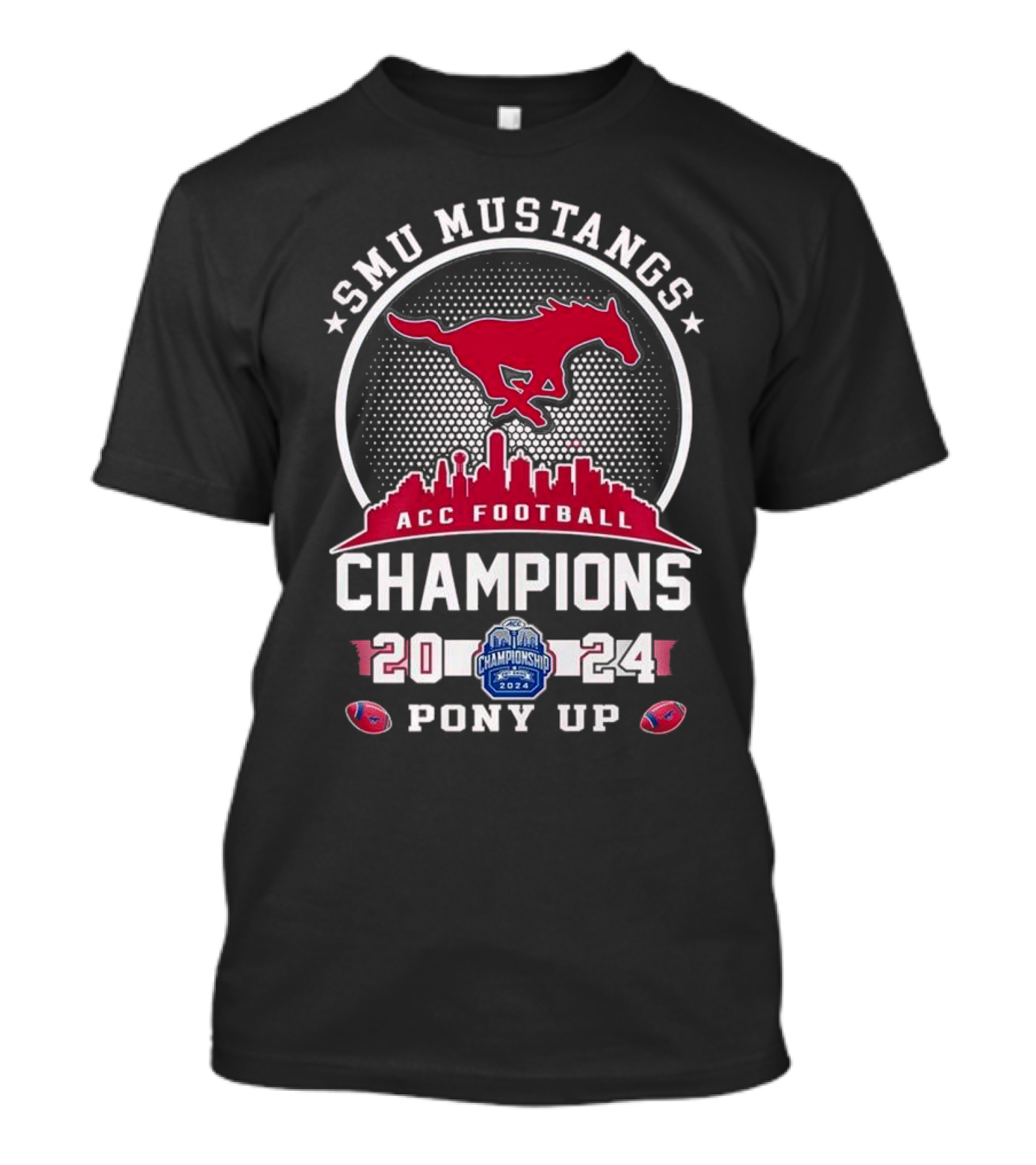 SMU Mustangs 2024 ACC Football Champions Pony Up Skyline T-Shirt
