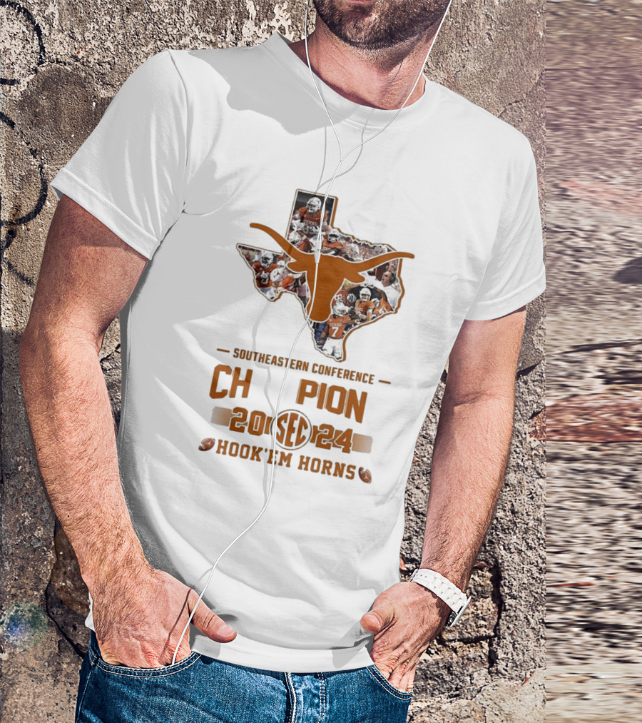 Texas Longhorns SEC Champion 2024 Hook ‘Em Horns State Map T-Shirt