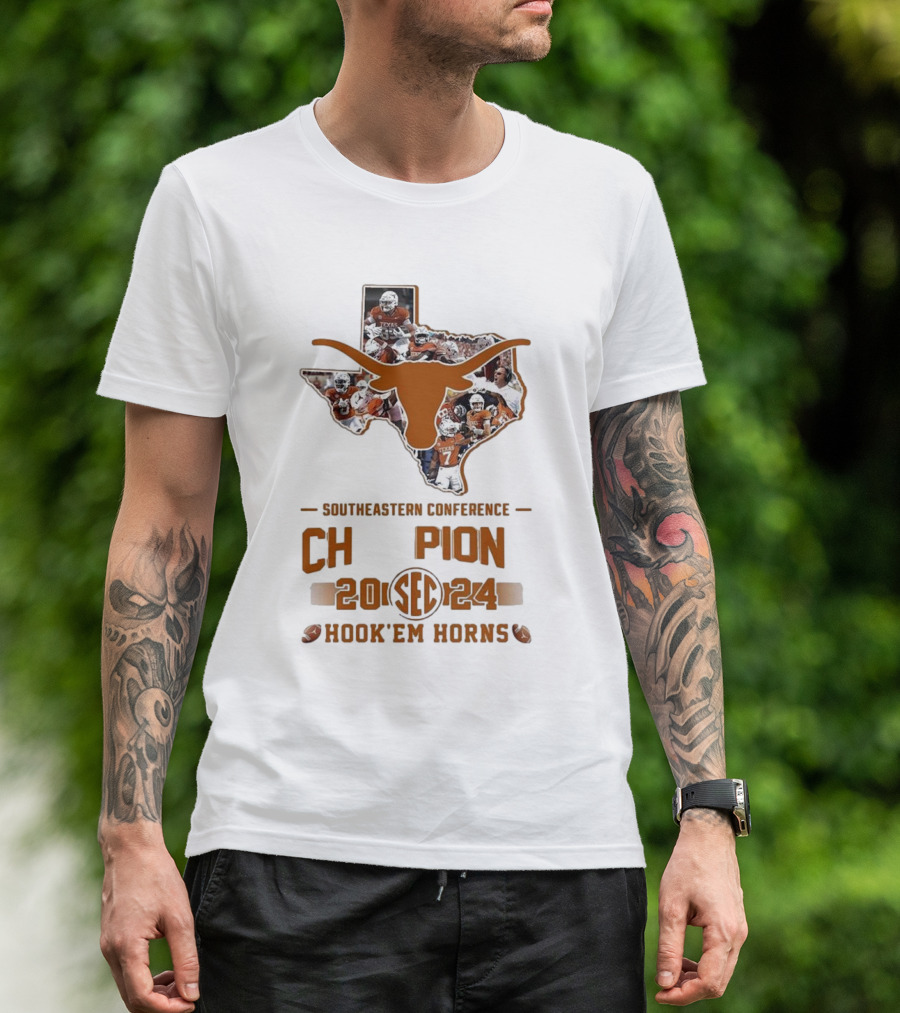 Texas Longhorns SEC Champion 2024 Hook ‘Em Horns State Map T-Shirt