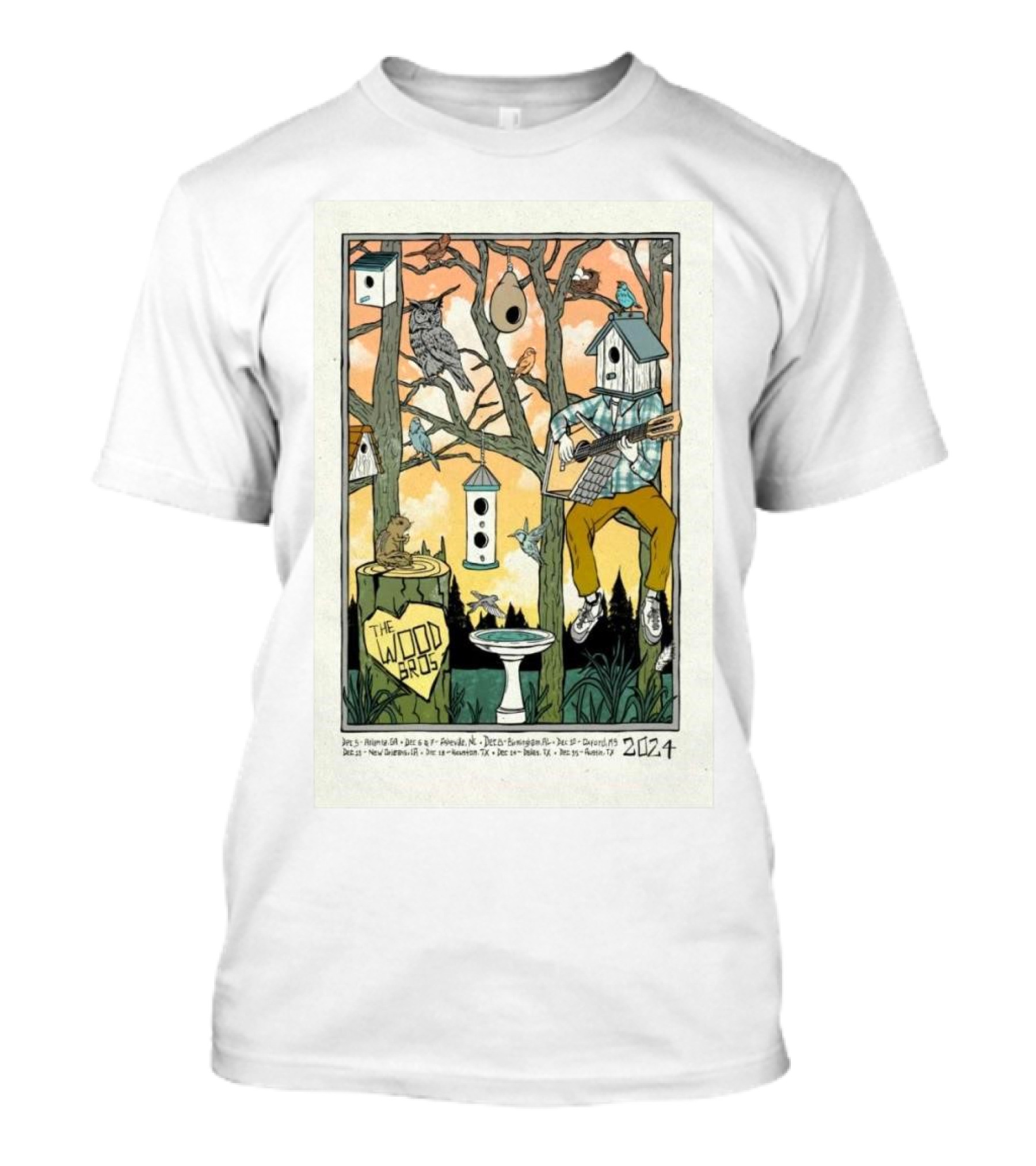The Wood Brothers Dec 2024 Tour Poster With Birdhouse And Guitar T-Shirt