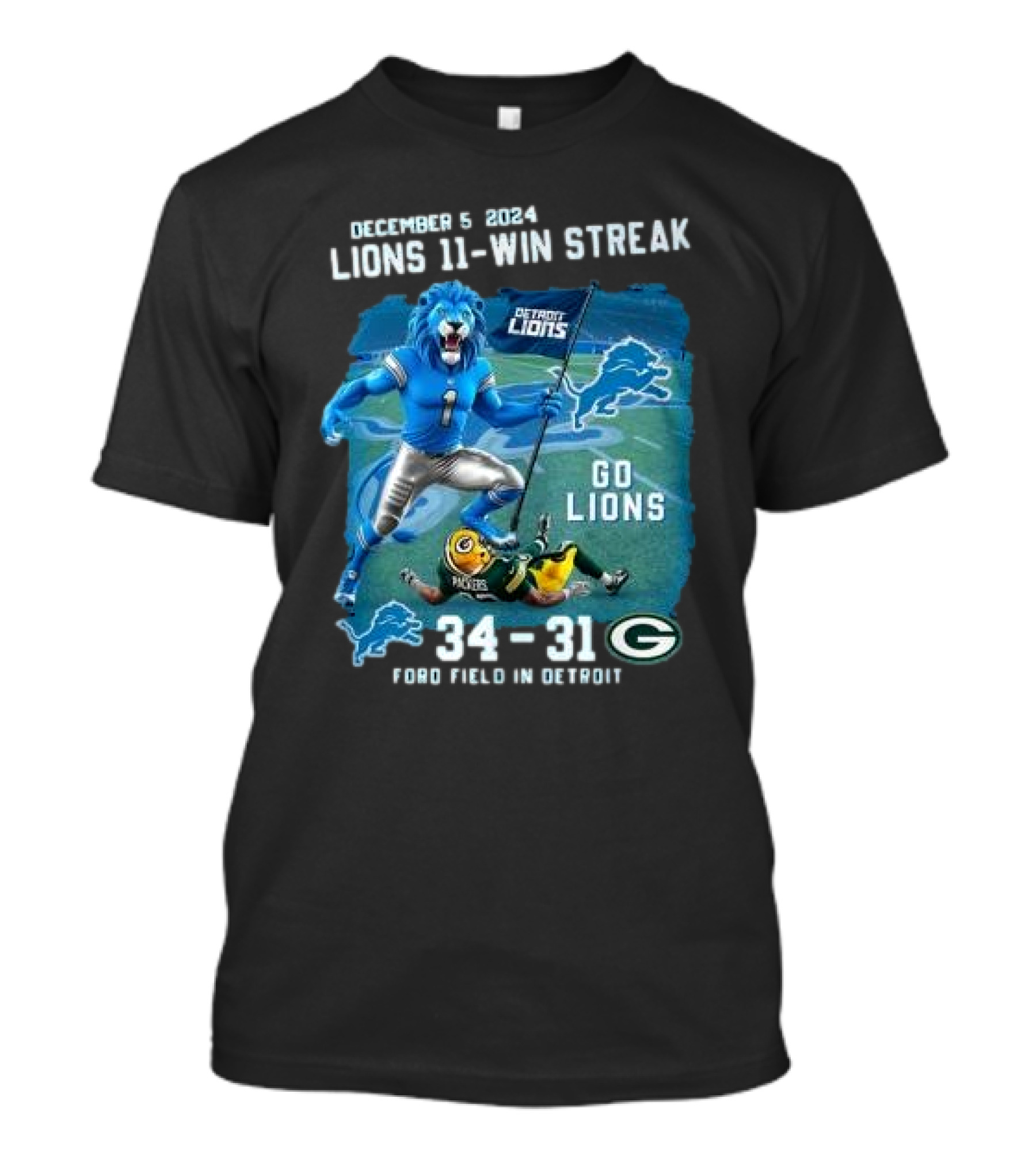 December 5 2024 Lions 11-Win Streak Go Lions 34-31 Ford Field In Detroit T-Shirt