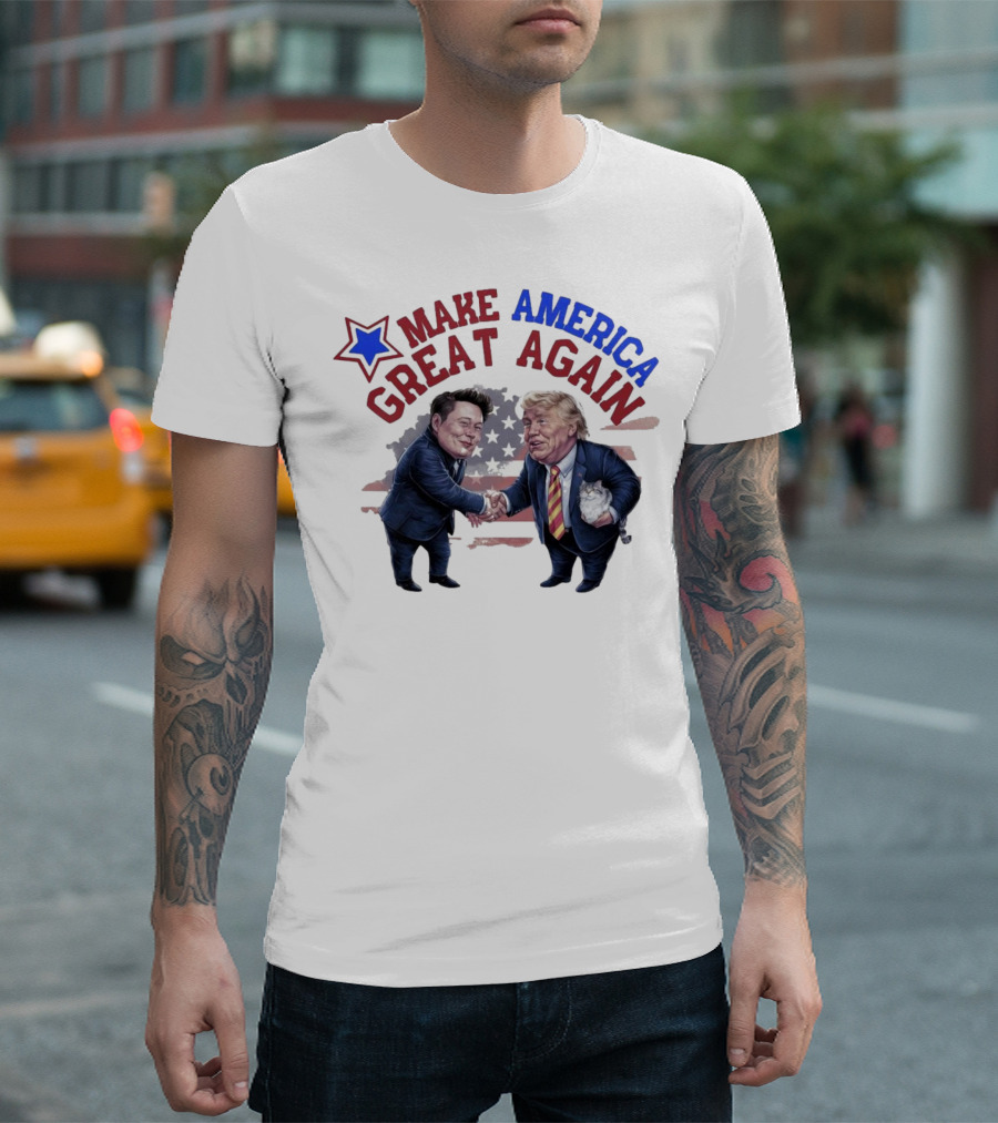 Make America Great Again Donald Trump Elon Musk Shake Hands Caricature T-Shirt