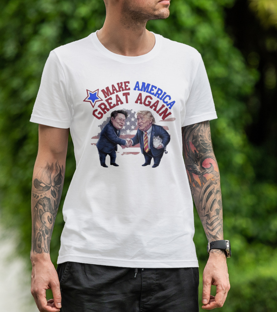 Make America Great Again Donald Trump Elon Musk Shake Hands Caricature T-Shirt