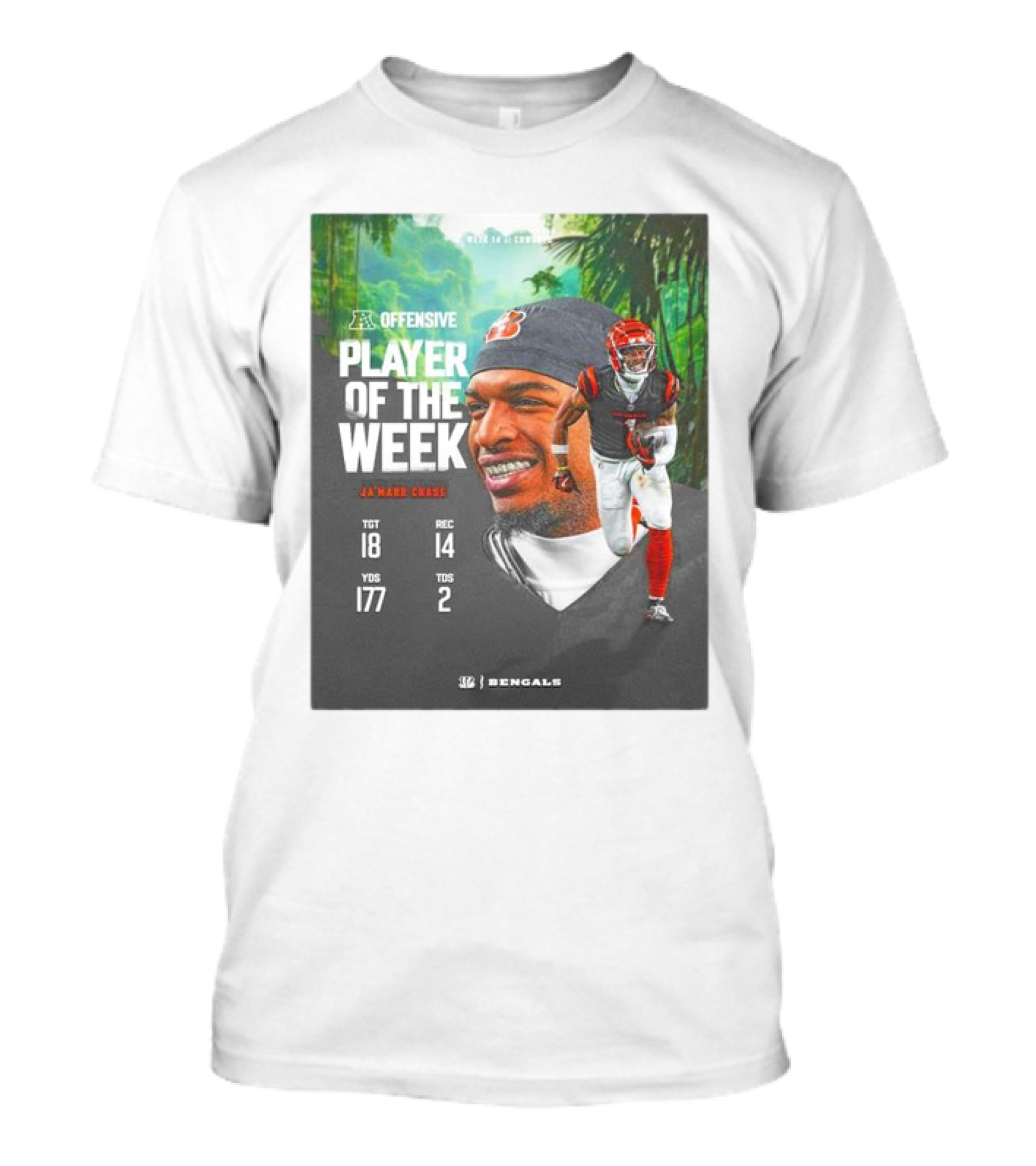 Ja’Marr Chase Cincinnati Bengals AFC Offensive Player Of The Week TGT 18 REC 14 YDS 177 TDS 2 Bengals T-Shirt