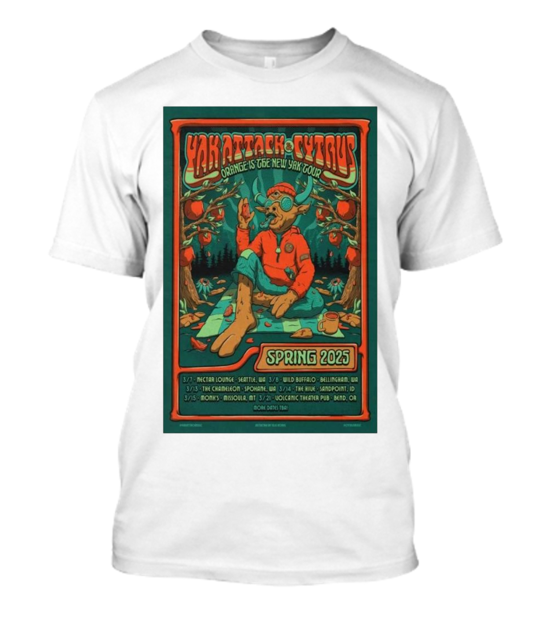 Yak Attack Cytrus Orange Is The New Yak Tour Spring 2025 Concert Poster Featuring Seattle Bellingham Spokane Boise Bend Events T-Shirt
