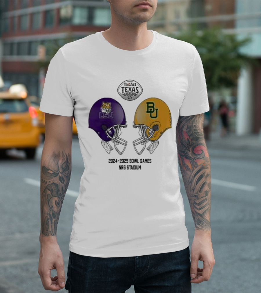 Texas Bowl 2024-2025 LSU Tigers Vs Baylor Bears NRG Stadium Helmet Head To Head T-Shirt