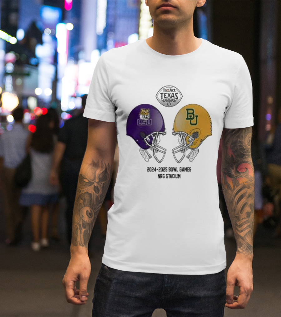 Texas Bowl 2024-2025 LSU Tigers Vs Baylor Bears NRG Stadium Helmet Head To Head T-Shirt