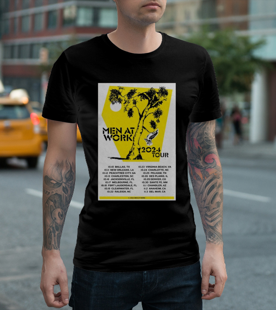 Men At Work 2024 U.S. Tour Dates and Locations Poster with Tree and Bird T-Shirt