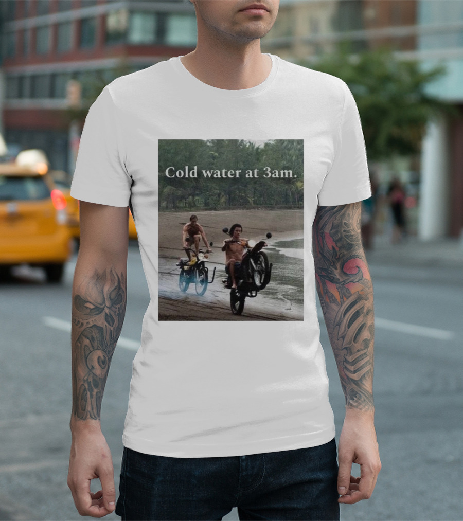 Cold Water at 3am Motorcycles on Beach Front Wheel Lift T-Shirt