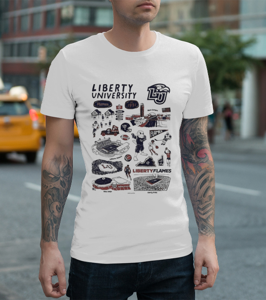 Liberty Flames Liberty University LU Mascot Vive La Fete Impressions Stadiums Sports 1971 T-Shirt