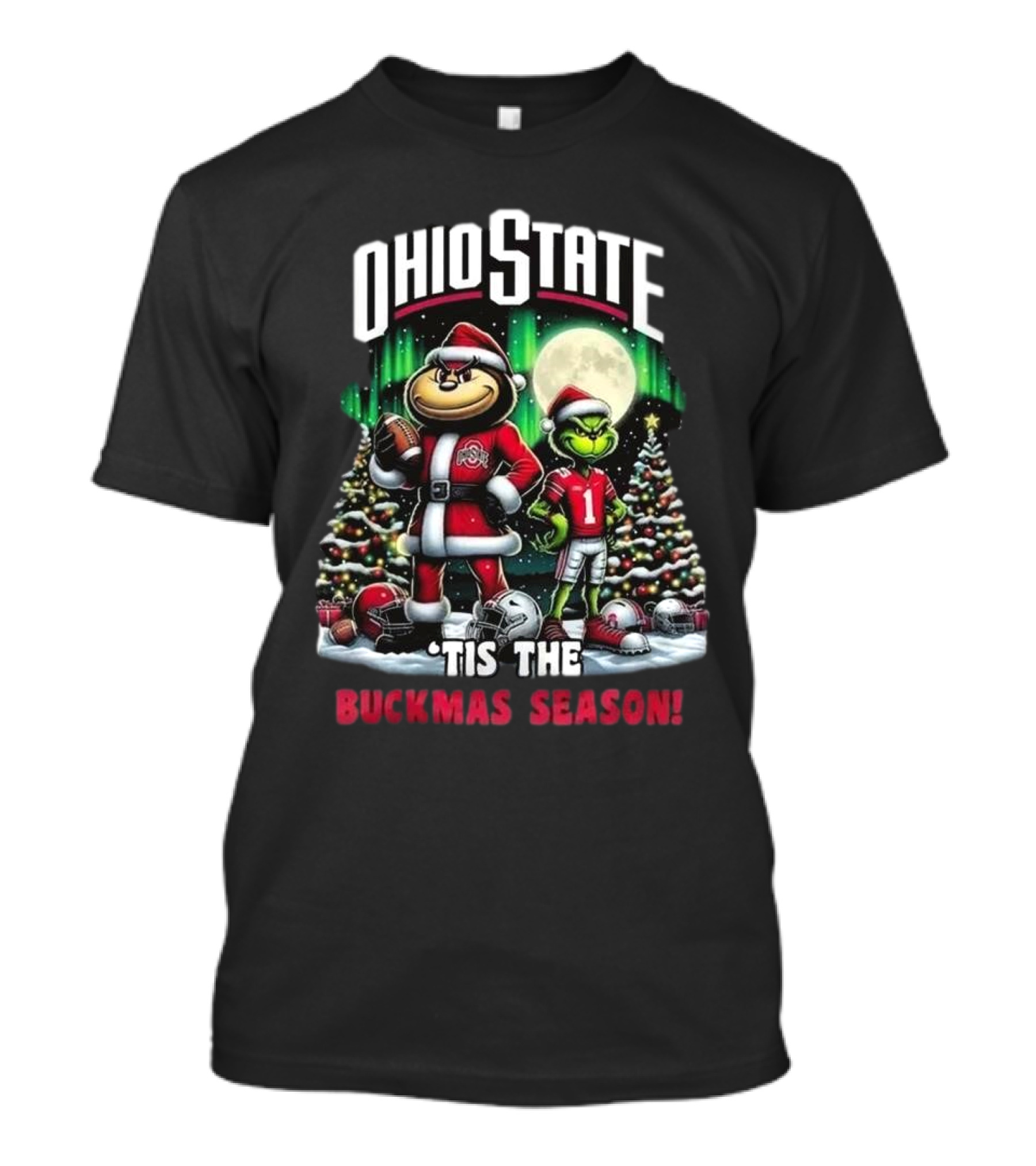 Ohio State Buckeyes Christmas 2024 Tis The Buckmas Season Grinch And Santa Characters Football Holiday Scene T-Shirt