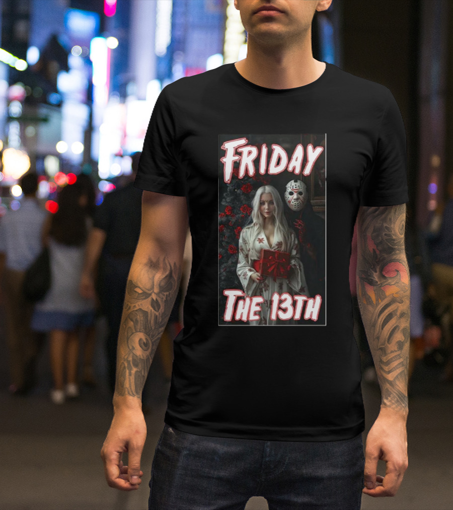 Friday The 13th Horror Inspired Roses And Mask Scene T-Shirt