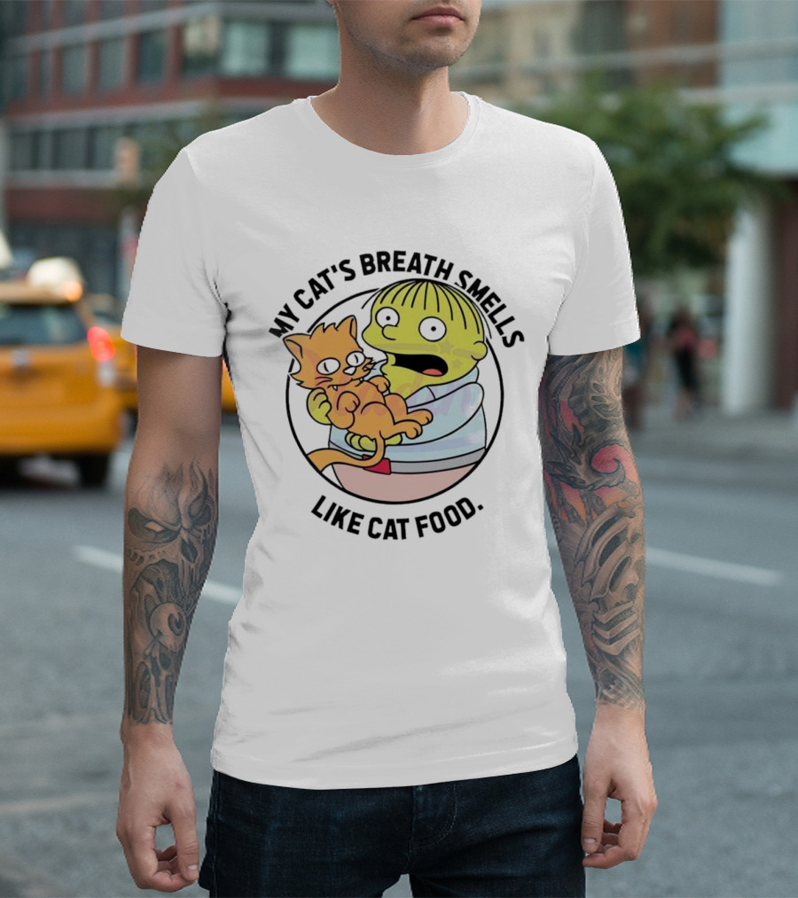 Ralph Wiggum My Cat's Breath Smells Like Cat Food Holding Cat T-Shirt