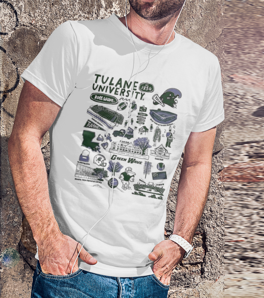 Tulane University Green Wave Roll Wave New Orleans Landmarks Est 1834 Tulane Stadium Riptide Mascot Iconography T-Shirt