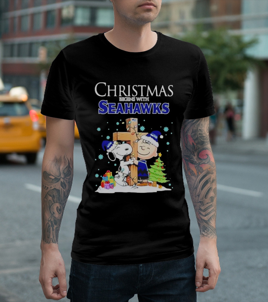 Christmas Begins With Seahawks Charlie Brown Snoopy Jesus Cross T-Shirt
