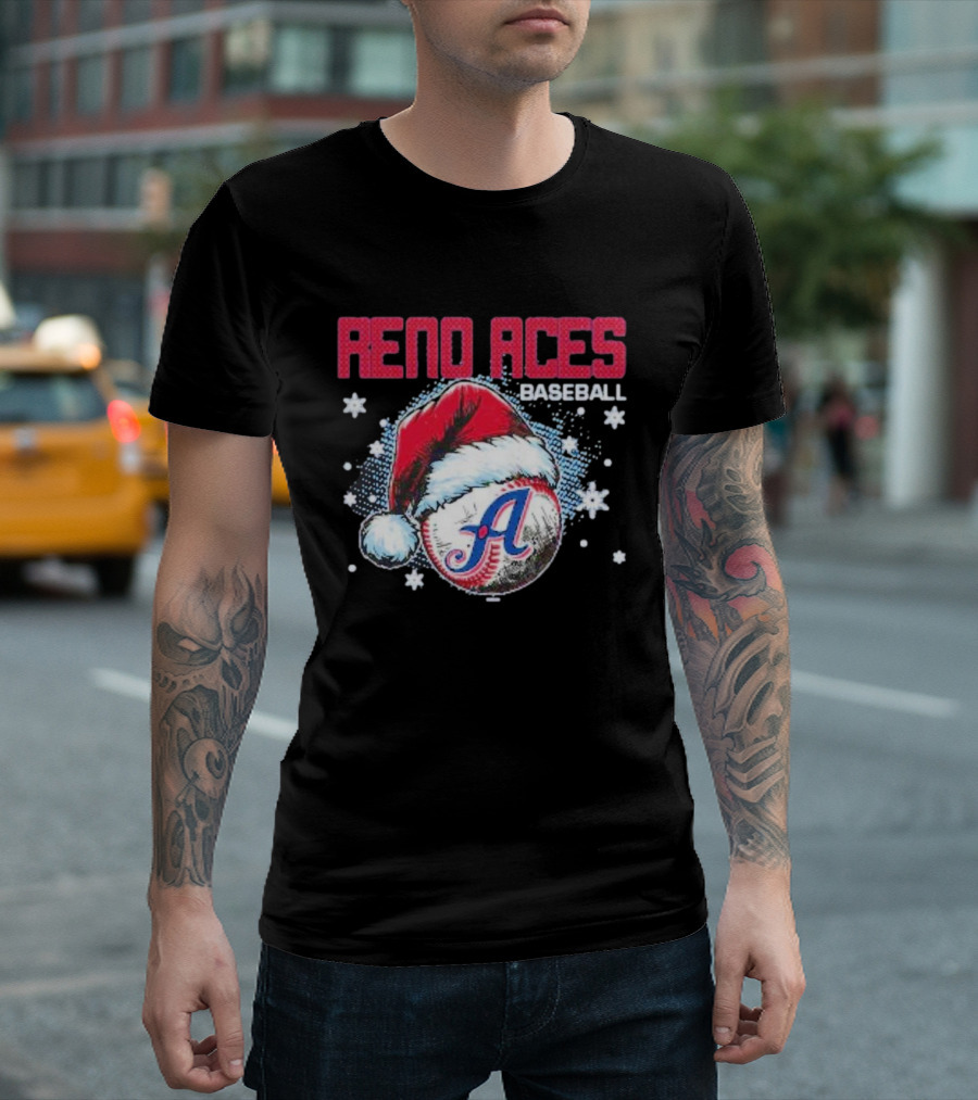 Reno Aces Baseball Santa Hat Christmas Holiday Snowflakes T-Shirt