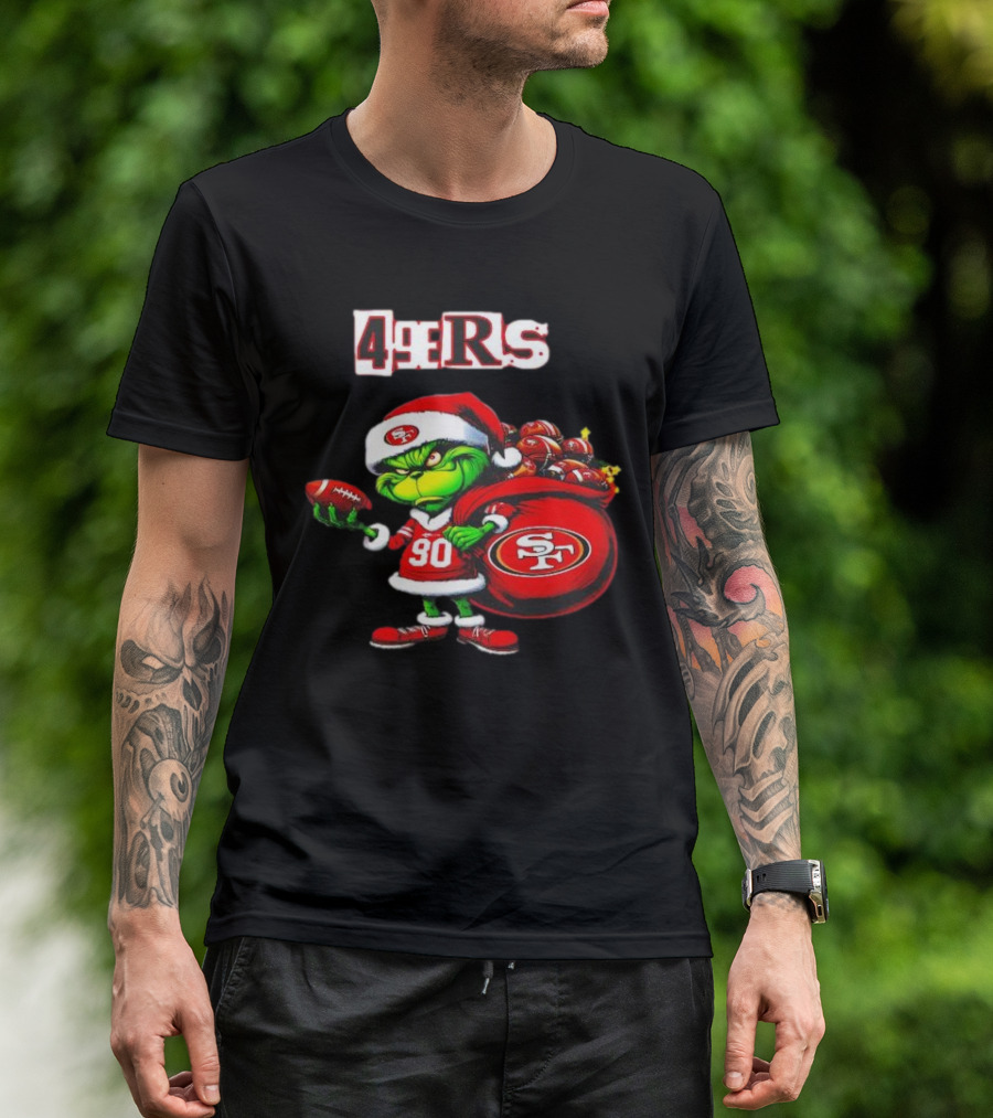 San Francisco 49ers Grinch With Santa Hat And Football Sack Christmas T-Shirt