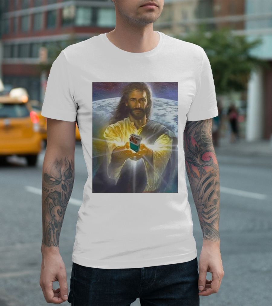 Jesus Offering Marlboro Cigarettes on Cosmic Background T-Shirt