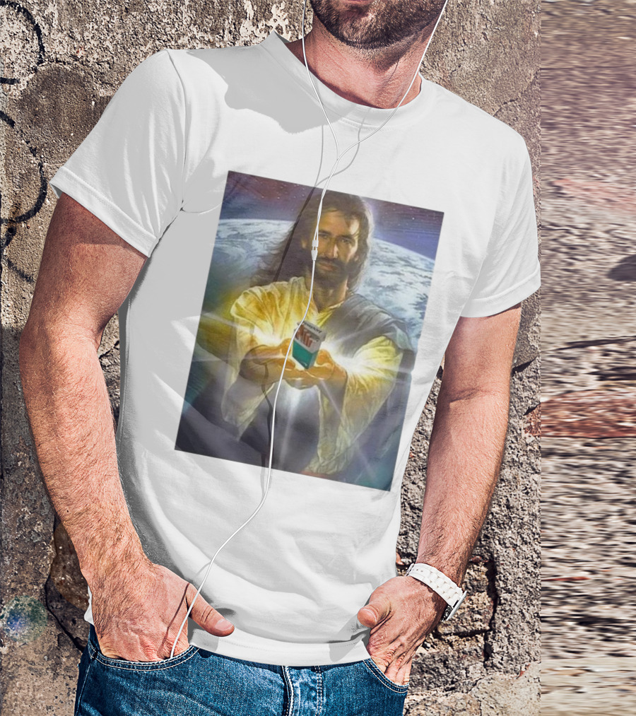 Jesus Offering Marlboro Cigarettes On Cosmic Background T-Shirt