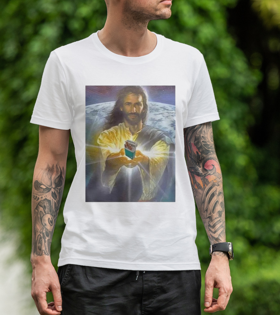 Jesus Offering Marlboro Cigarettes On Cosmic Background T-Shirt