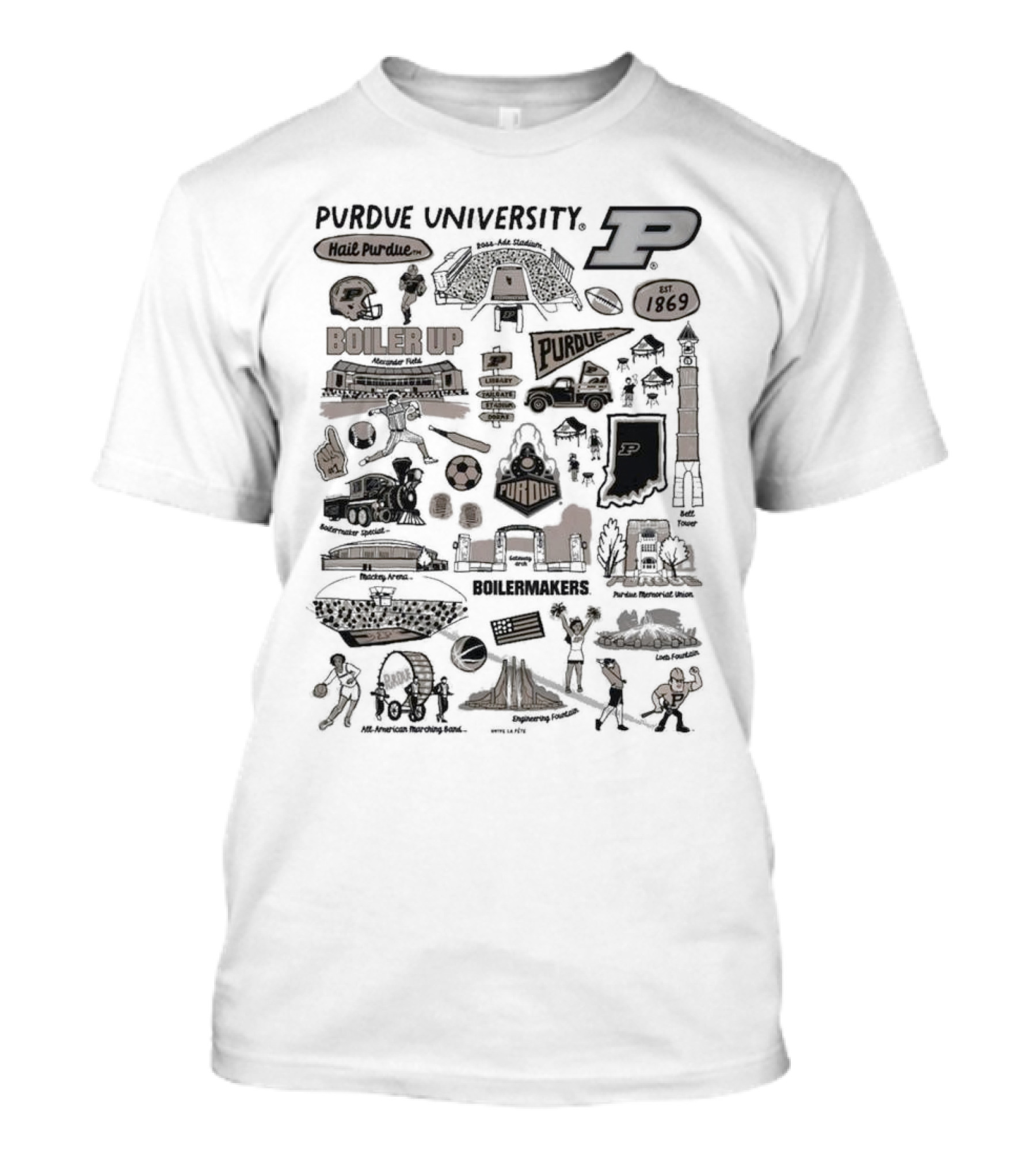 Purdue University Boilermakers Hail Purdue Mackey Arena Ross-Ade Stadium Memorial Mall Purdue Pete Engineering Fountain Boiler Up Purdue Impressions T-Shirt